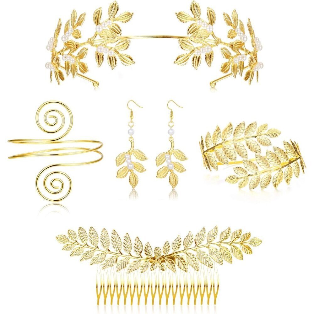 Grecian Goddess Costume Accessory Set Pearl Leaf Headband Earrings Bracelets